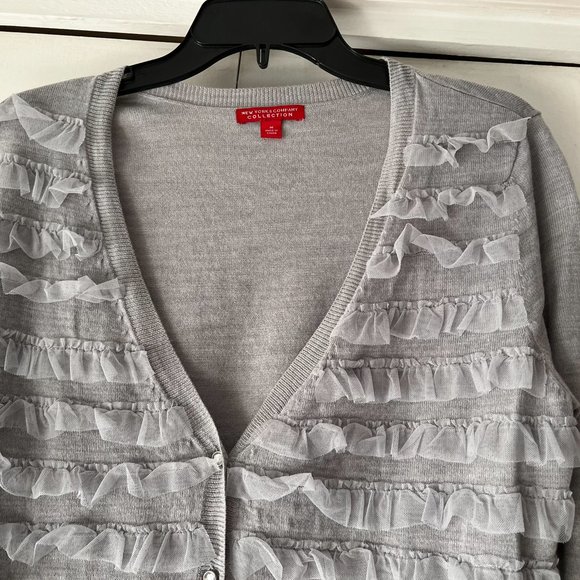 New York & Co Collection Ruffle Front Jeweled Button Cardigan - Light Gray - M - Picture 2 of 4